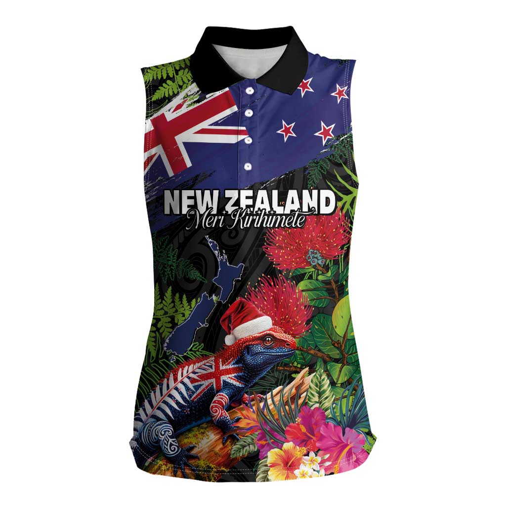 New Zealand Christmas Women Sleeveless Polo Shirt Meri Kirihimete-Tuatara and Pohutukawa Black Color LT03 Female Black - Polynesian Pride
