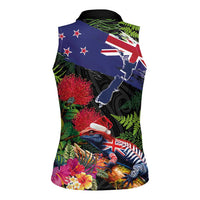 New Zealand Christmas Women Sleeveless Polo Shirt Meri Kirihimete-Tuatara and Pohutukawa Black Color LT03 - Polynesian Pride