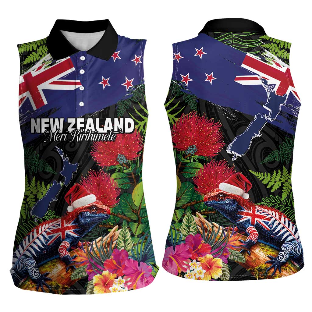 New Zealand Christmas Women Sleeveless Polo Shirt Meri Kirihimete-Tuatara and Pohutukawa Black Color LT03 - Polynesian Pride
