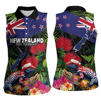 New Zealand Christmas Women Sleeveless Polo Shirt Meri Kirihimete-Tuatara and Pohutukawa Black Color LT03 - Polynesian Pride