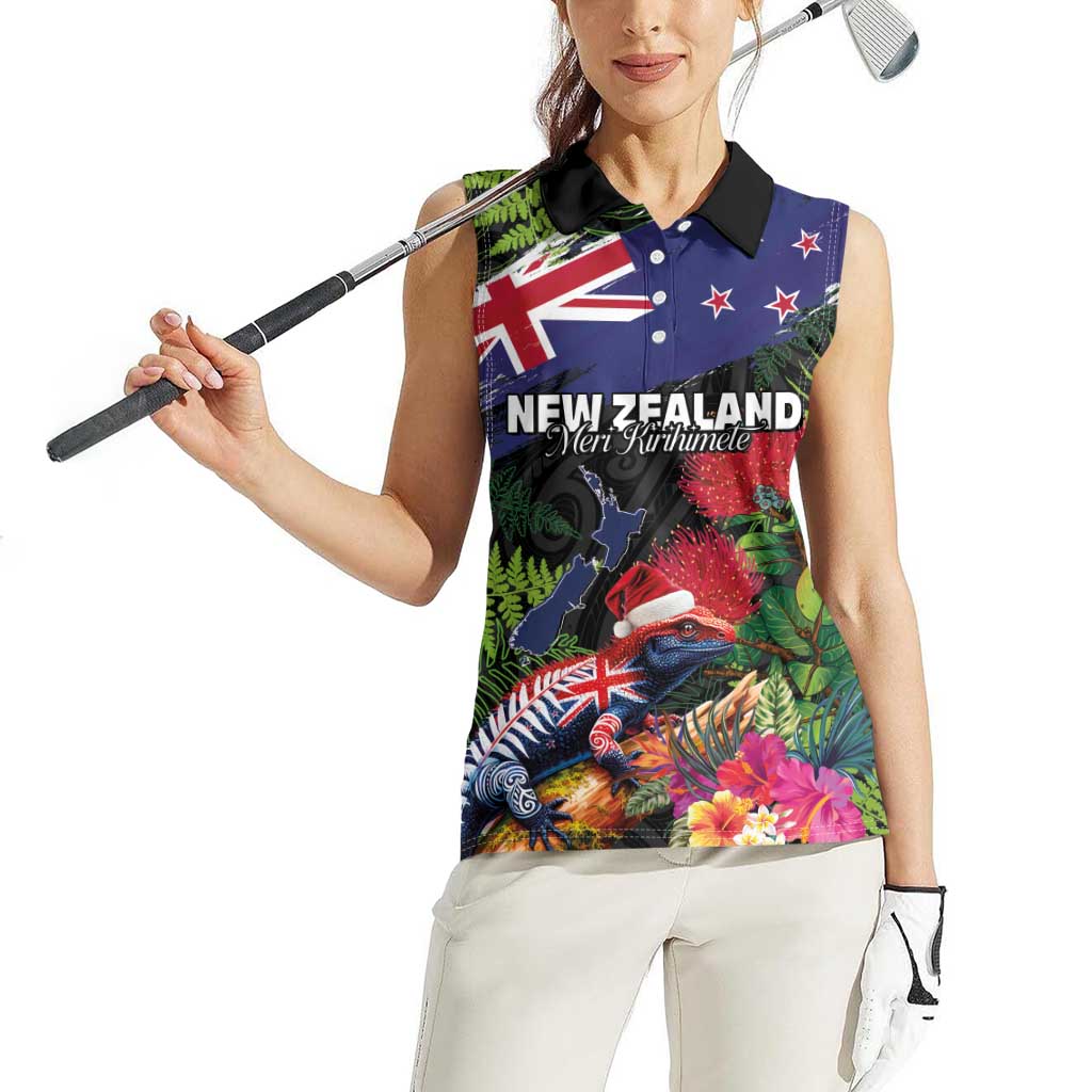 New Zealand Christmas Women Sleeveless Polo Shirt Meri Kirihimete-Tuatara and Pohutukawa Black Color LT03 - Polynesian Pride