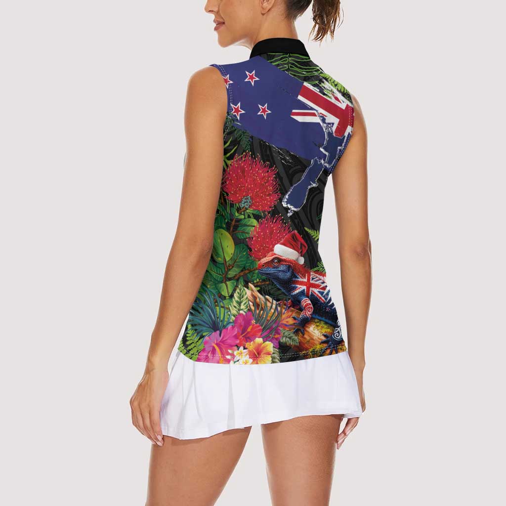 New Zealand Christmas Women Sleeveless Polo Shirt Meri Kirihimete-Tuatara and Pohutukawa Black Color LT03 - Polynesian Pride