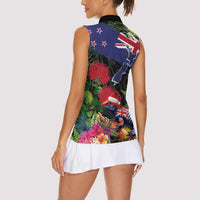 New Zealand Christmas Women Sleeveless Polo Shirt Meri Kirihimete-Tuatara and Pohutukawa Black Color LT03 - Polynesian Pride