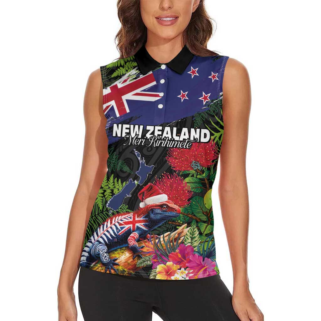 New Zealand Christmas Women Sleeveless Polo Shirt Meri Kirihimete-Tuatara and Pohutukawa Black Color LT03 - Polynesian Pride