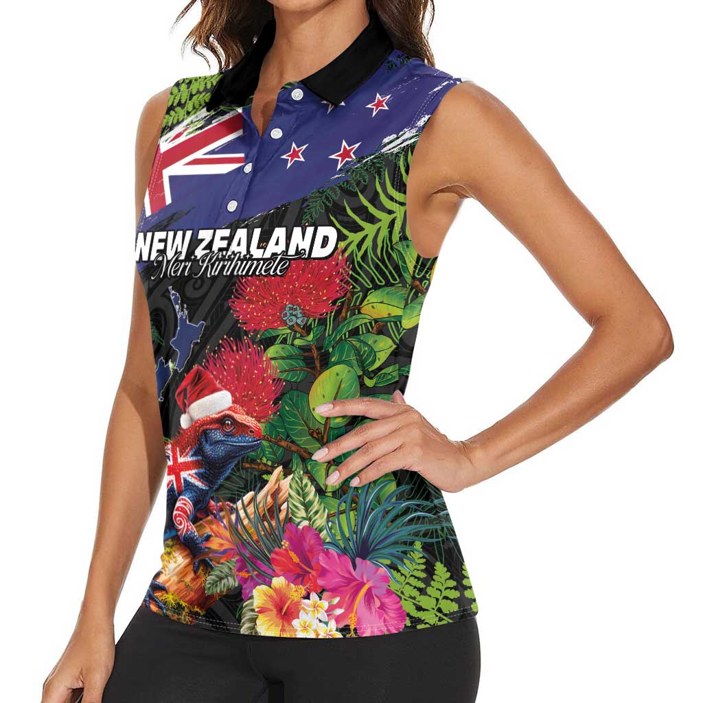 New Zealand Christmas Women Sleeveless Polo Shirt Meri Kirihimete-Tuatara and Pohutukawa Black Color LT03 - Polynesian Pride