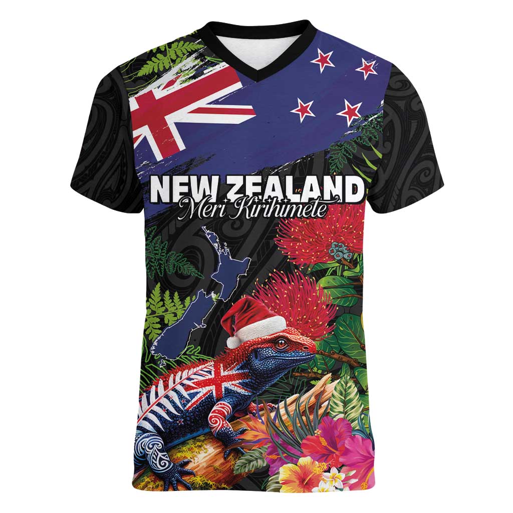 New Zealand Christmas Women V-Neck T-Shirt Meri Kirihimete-Tuatara and Pohutukawa Black Color LT03 Female Black - Polynesian Pride