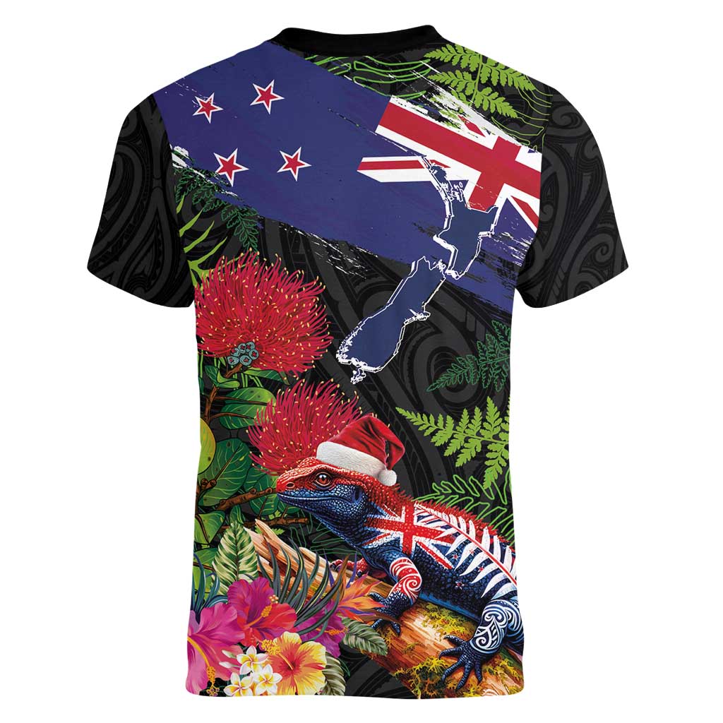 New Zealand Christmas Women V-Neck T-Shirt Meri Kirihimete-Tuatara and Pohutukawa Black Color LT03 - Polynesian Pride