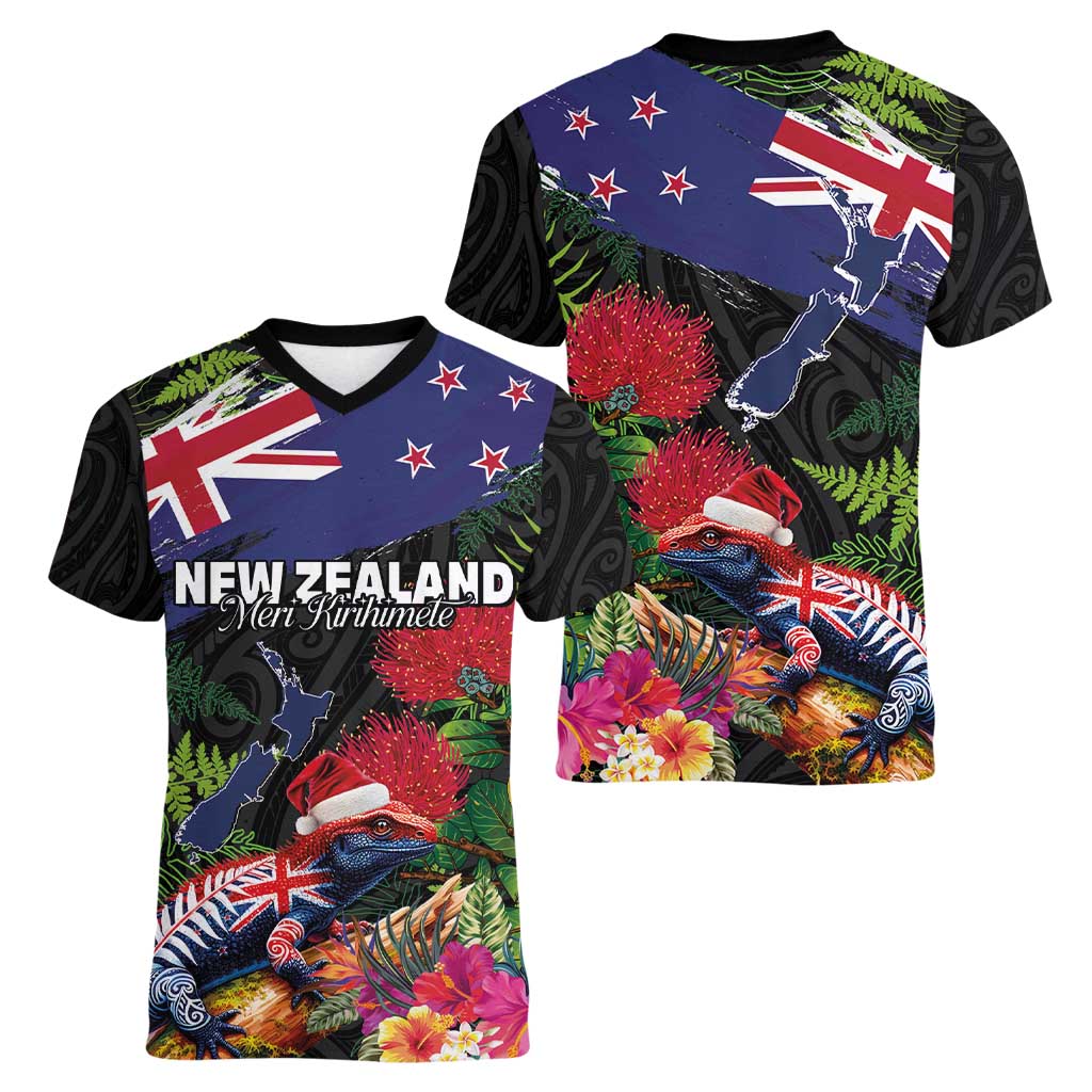 New Zealand Christmas Women V-Neck T-Shirt Meri Kirihimete-Tuatara and Pohutukawa Black Color LT03 - Polynesian Pride