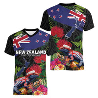 New Zealand Christmas Women V-Neck T-Shirt Meri Kirihimete-Tuatara and Pohutukawa Black Color LT03 - Polynesian Pride