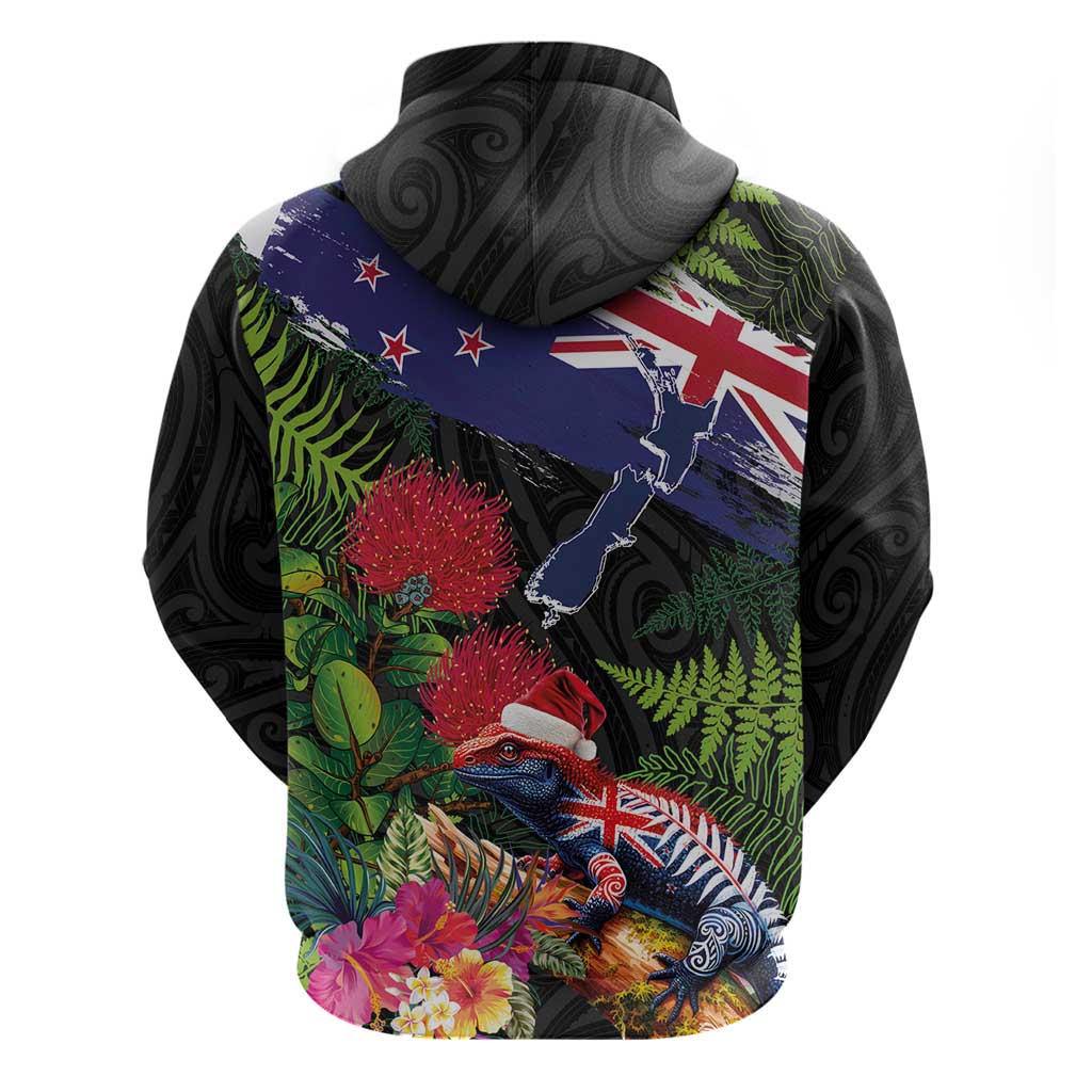 New Zealand Christmas Zip Hoodie Meri Kirihimete-Tuatara and Pohutukawa Black Color LT03 - Polynesian Pride