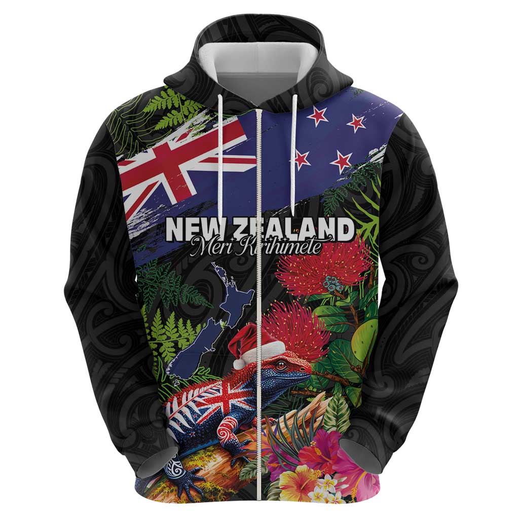 New Zealand Christmas Zip Hoodie Meri Kirihimete-Tuatara and Pohutukawa Black Color LT03 - Polynesian Pride