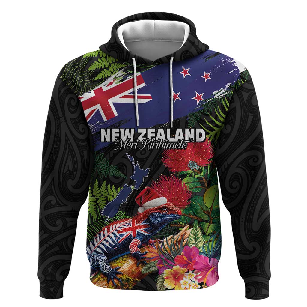 New Zealand Christmas Zip Hoodie Meri Kirihimete-Tuatara and Pohutukawa Black Color LT03 Pullover Hoodie Black - Polynesian Pride