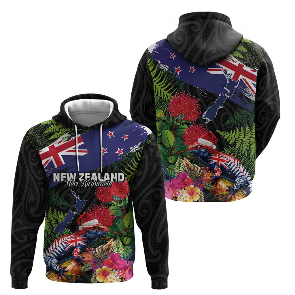 New Zealand Christmas Zip Hoodie Meri Kirihimete-Tuatara and Pohutukawa Black Color LT03 - Polynesian Pride
