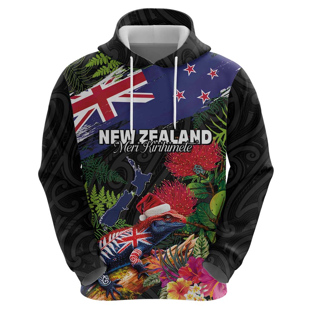 New Zealand Christmas Zip Hoodie Meri Kirihimete-Tuatara and Pohutukawa Black Color LT03 - Polynesian Pride