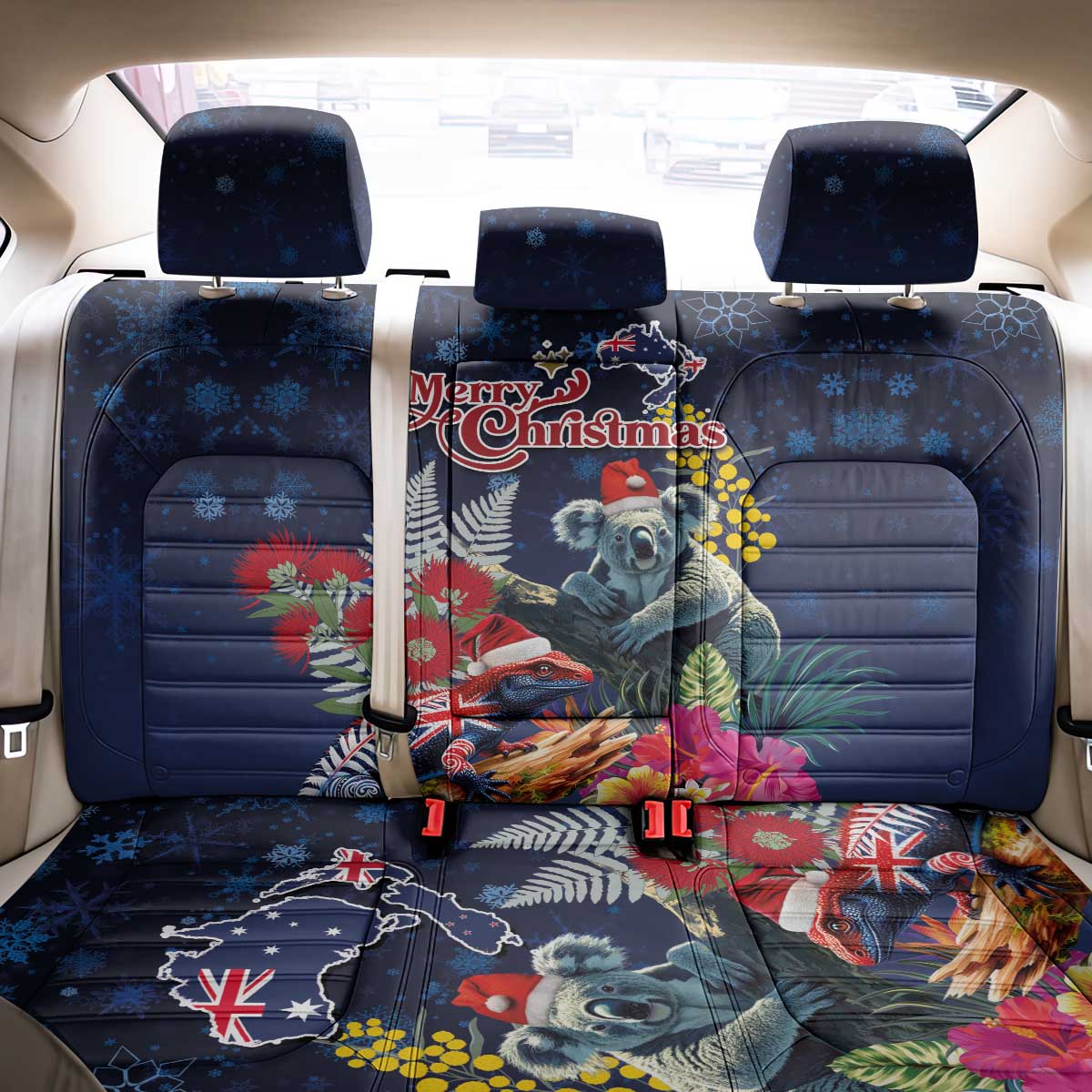 Australia and New Zealand Back Car Seat Cover Merry Christmas-Tuatara and Koala with Plants Xmas Style LT03 - Polynesian Pride