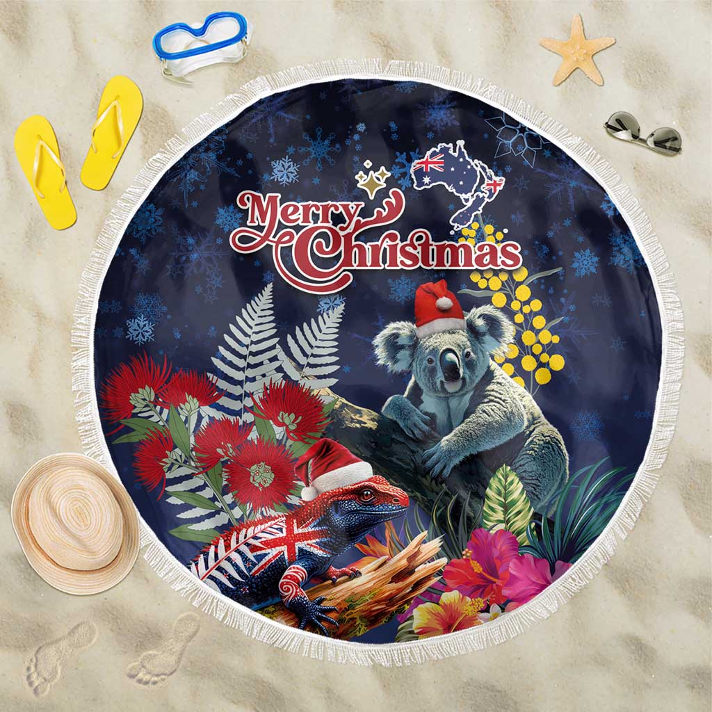 Australia and New Zealand Beach Blanket Merry Christmas-Tuatara and Koala with Plants Xmas Style LT03 One Size 150cm Navy - Polynesian Pride