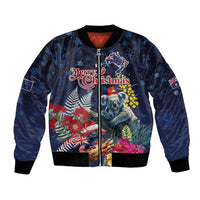 Australia and New Zealand Bomber Jacket Merry Christmas-Tuatara and Koala with Plants Xmas Style LT03 Unisex Navy - Polynesian Pride