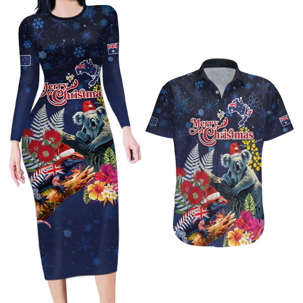 Australia and New Zealand Couples Matching Long Sleeve Bodycon Dress and Hawaiian Shirt Merry Christmas-Tuatara and Koala with Plants Xmas Style LT03 Navy - Polynesian Pride
