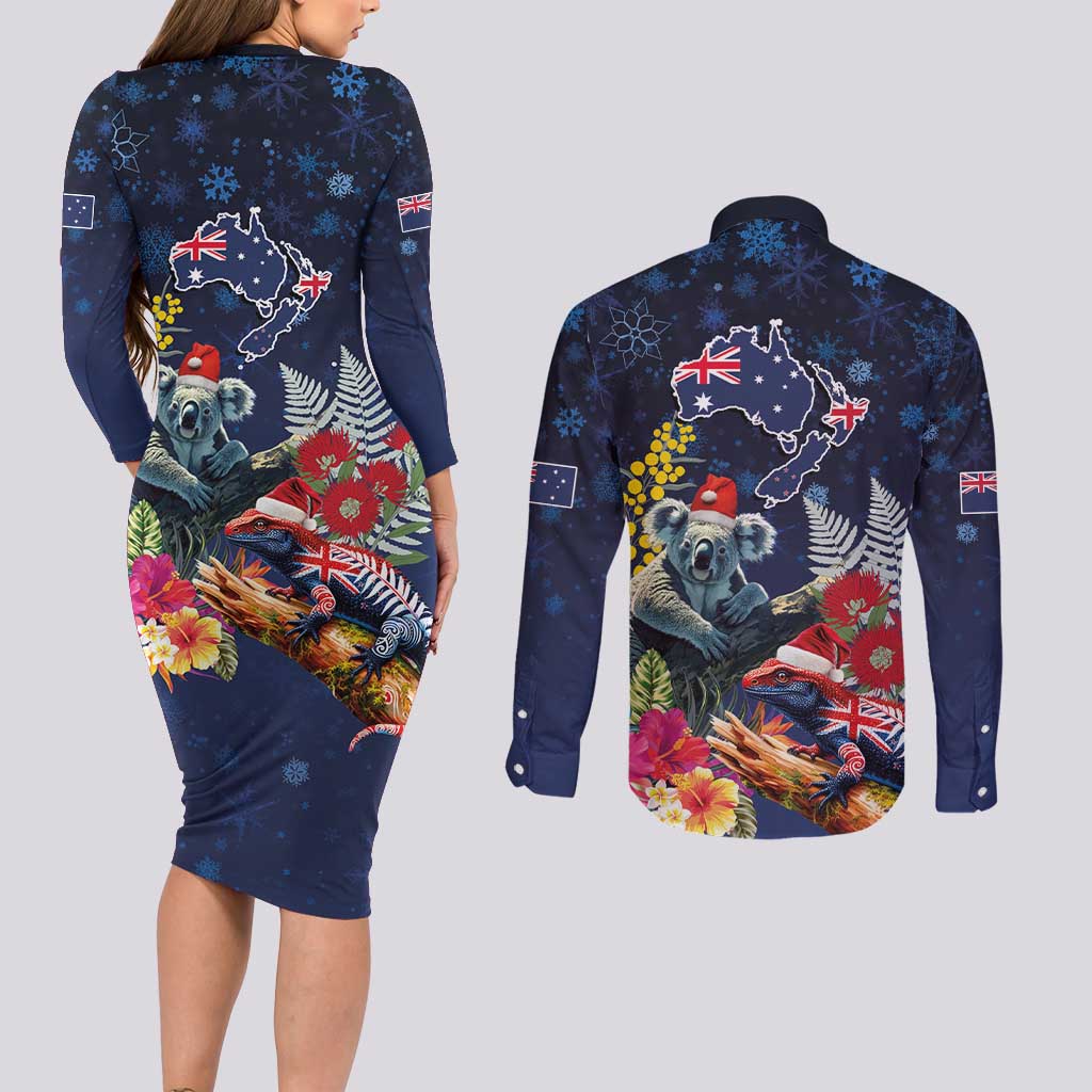 Australia and New Zealand Couples Matching Long Sleeve Bodycon Dress and Long Sleeve Button Shirt Merry Christmas-Tuatara and Koala with Plants Xmas Style LT03 - Polynesian Pride