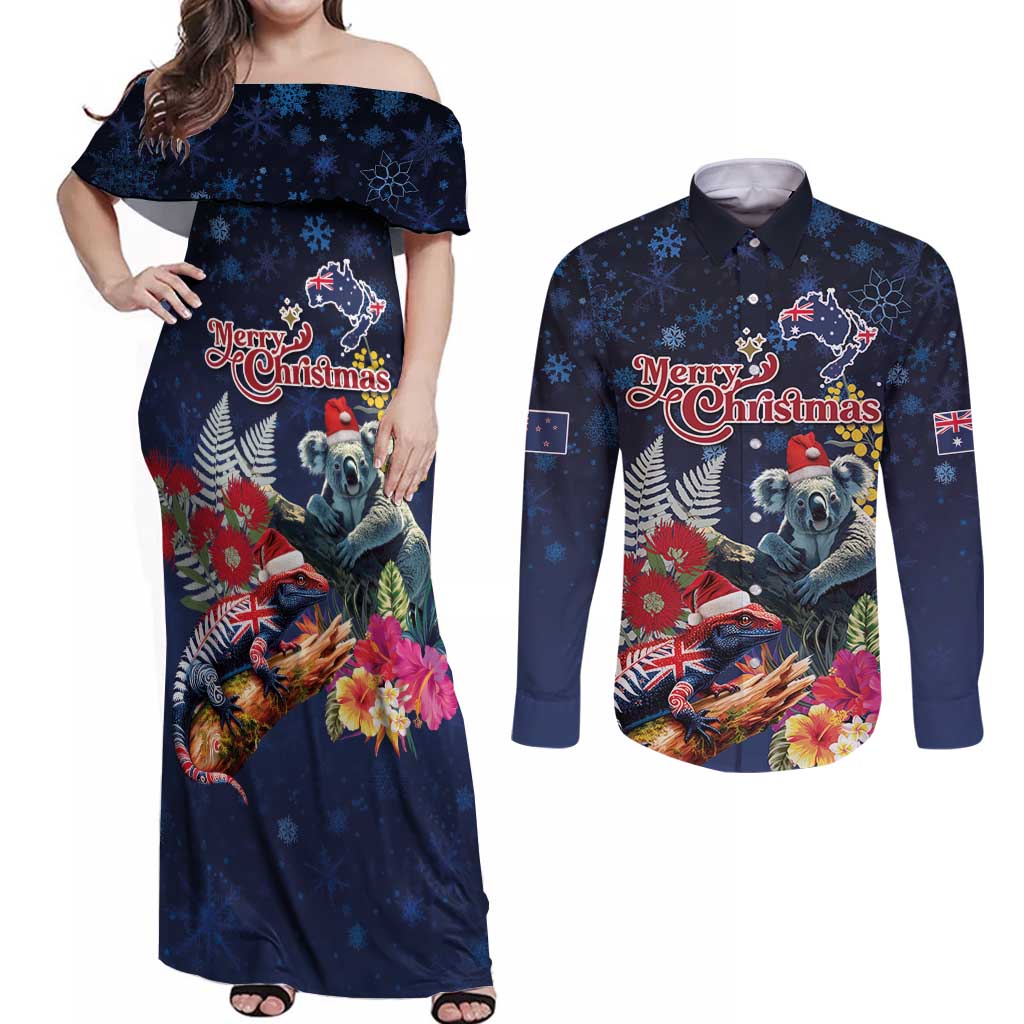 Australia and New Zealand Couples Matching Off Shoulder Maxi Dress and Long Sleeve Button Shirt Merry Christmas-Tuatara and Koala with Plants Xmas Style LT03 Navy - Polynesian Pride