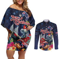 Australia and New Zealand Couples Matching Off Shoulder Short Dress and Long Sleeve Button Shirt Merry Christmas-Tuatara and Koala with Plants Xmas Style LT03 Navy - Polynesian Pride