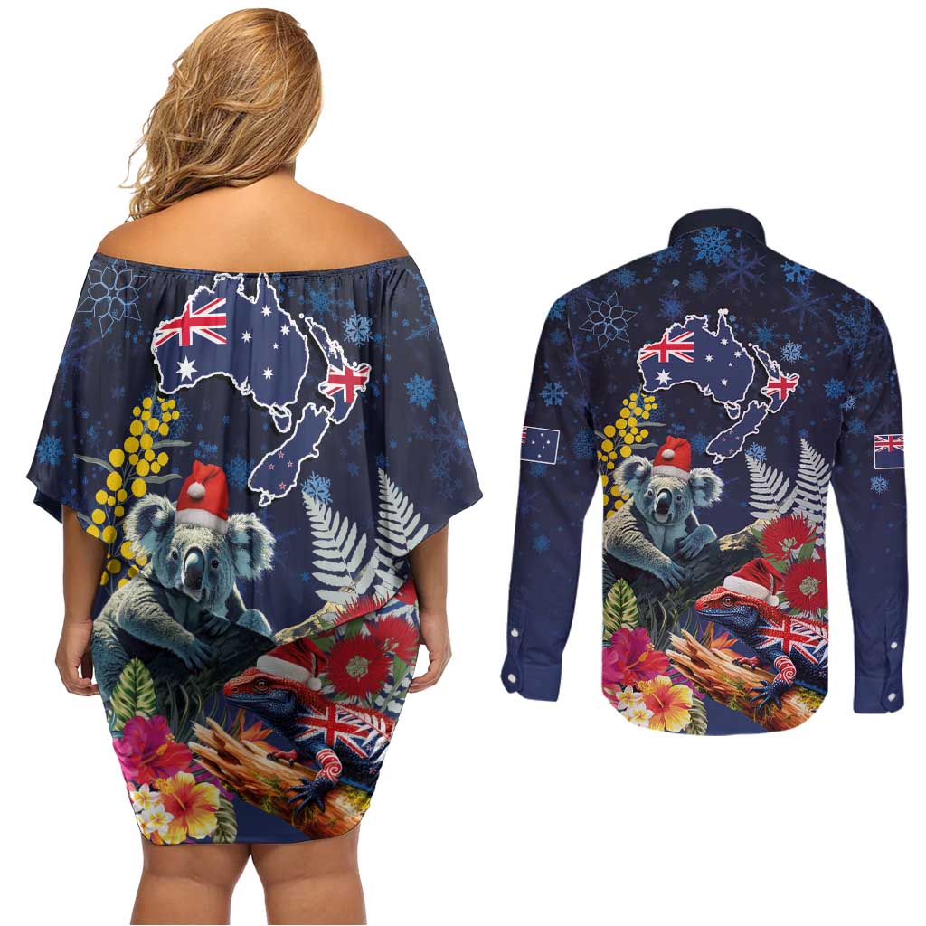 Australia and New Zealand Couples Matching Off Shoulder Short Dress and Long Sleeve Button Shirt Merry Christmas-Tuatara and Koala with Plants Xmas Style LT03 - Polynesian Pride