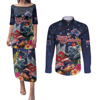 Australia and New Zealand Couples Matching Puletasi and Long Sleeve Button Shirt Merry Christmas-Tuatara and Koala with Plants Xmas Style LT03 Navy - Polynesian Pride