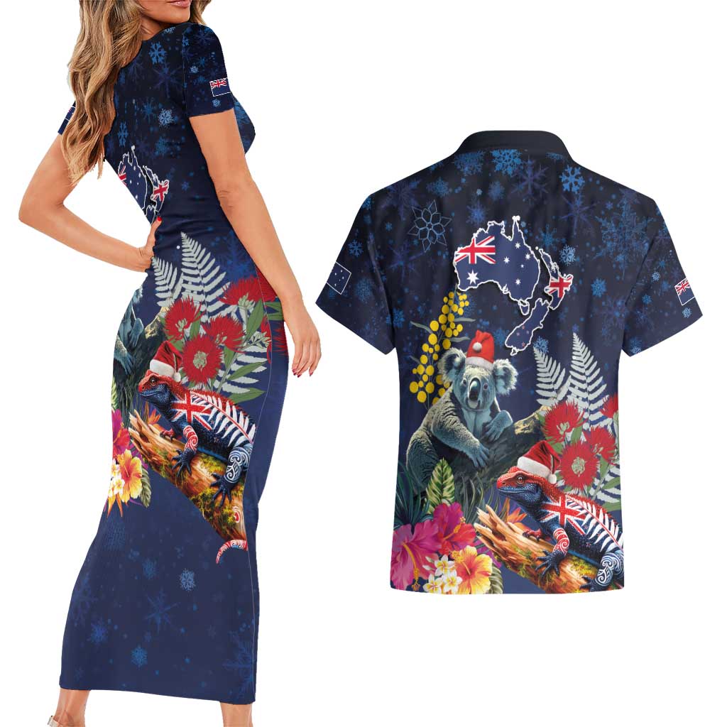 Australia and New Zealand Couples Matching Short Sleeve Bodycon Dress and Hawaiian Shirt Merry Christmas-Tuatara and Koala with Plants Xmas Style LT03 - Polynesian Pride