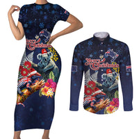 Australia and New Zealand Couples Matching Short Sleeve Bodycon Dress and Long Sleeve Button Shirt Merry Christmas-Tuatara and Koala with Plants Xmas Style LT03 Navy - Polynesian Pride
