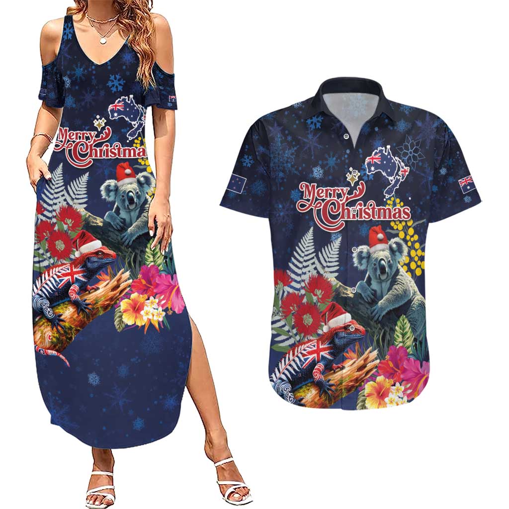 Australia and New Zealand Couples Matching Summer Maxi Dress and Hawaiian Shirt Merry Christmas-Tuatara and Koala with Plants Xmas Style LT03 Navy - Polynesian Pride