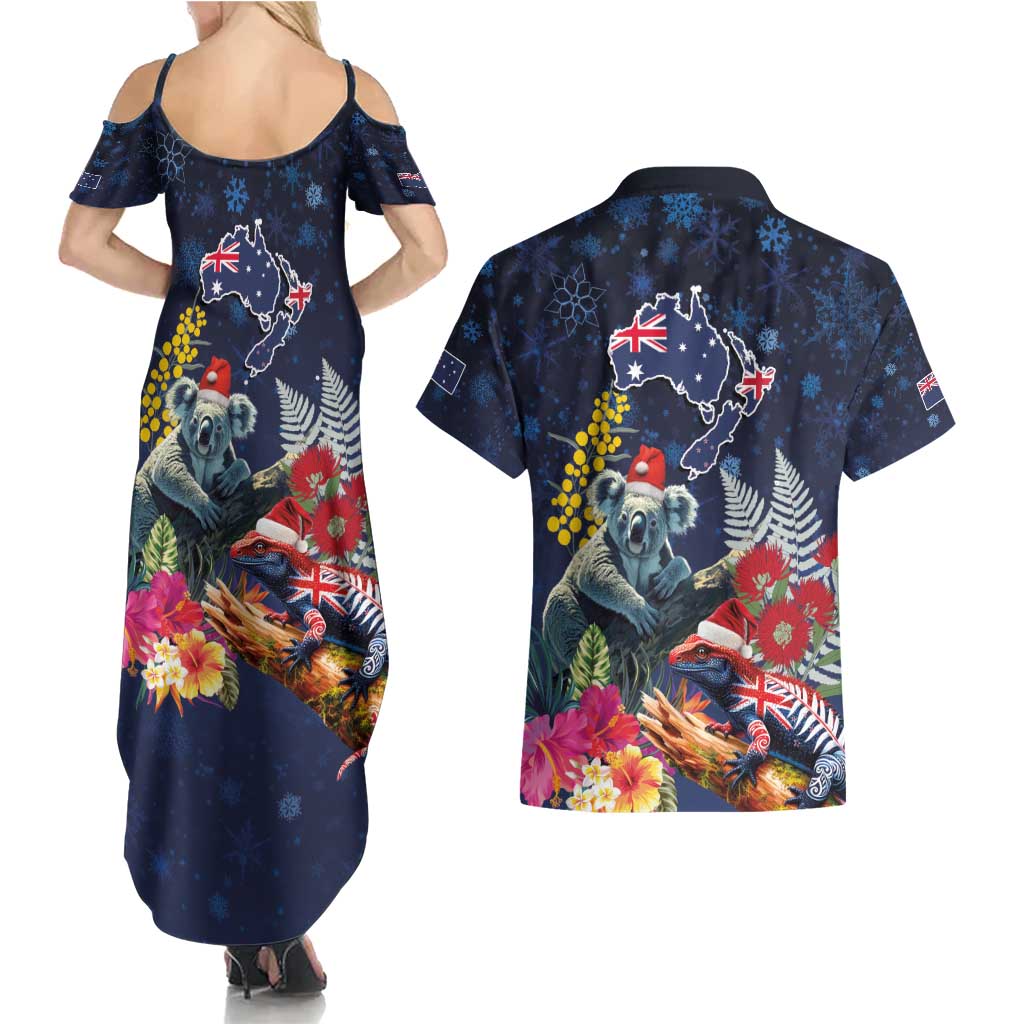 Australia and New Zealand Couples Matching Summer Maxi Dress and Hawaiian Shirt Merry Christmas-Tuatara and Koala with Plants Xmas Style LT03 - Polynesian Pride