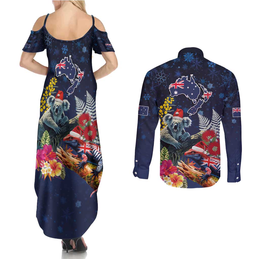 Australia and New Zealand Couples Matching Summer Maxi Dress and Long Sleeve Button Shirt Merry Christmas-Tuatara and Koala with Plants Xmas Style LT03 - Polynesian Pride