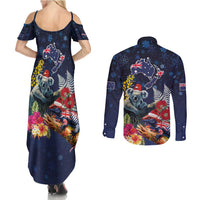 Australia and New Zealand Couples Matching Summer Maxi Dress and Long Sleeve Button Shirt Merry Christmas-Tuatara and Koala with Plants Xmas Style LT03 - Polynesian Pride