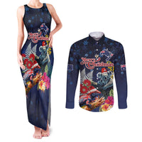 Australia and New Zealand Couples Matching Tank Maxi Dress and Long Sleeve Button Shirt Merry Christmas-Tuatara and Koala with Plants Xmas Style LT03 Navy - Polynesian Pride