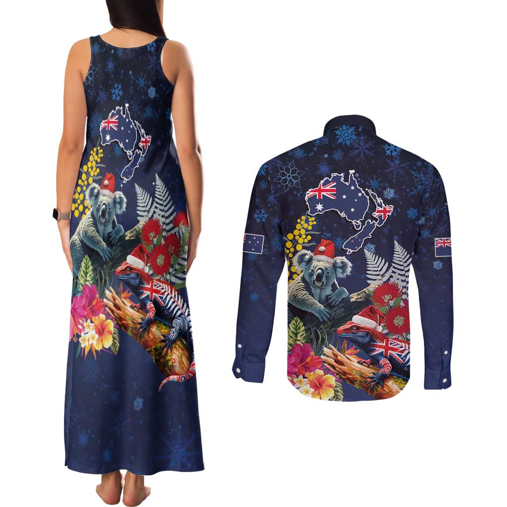 Australia and New Zealand Couples Matching Tank Maxi Dress and Long Sleeve Button Shirt Merry Christmas-Tuatara and Koala with Plants Xmas Style LT03 - Polynesian Pride