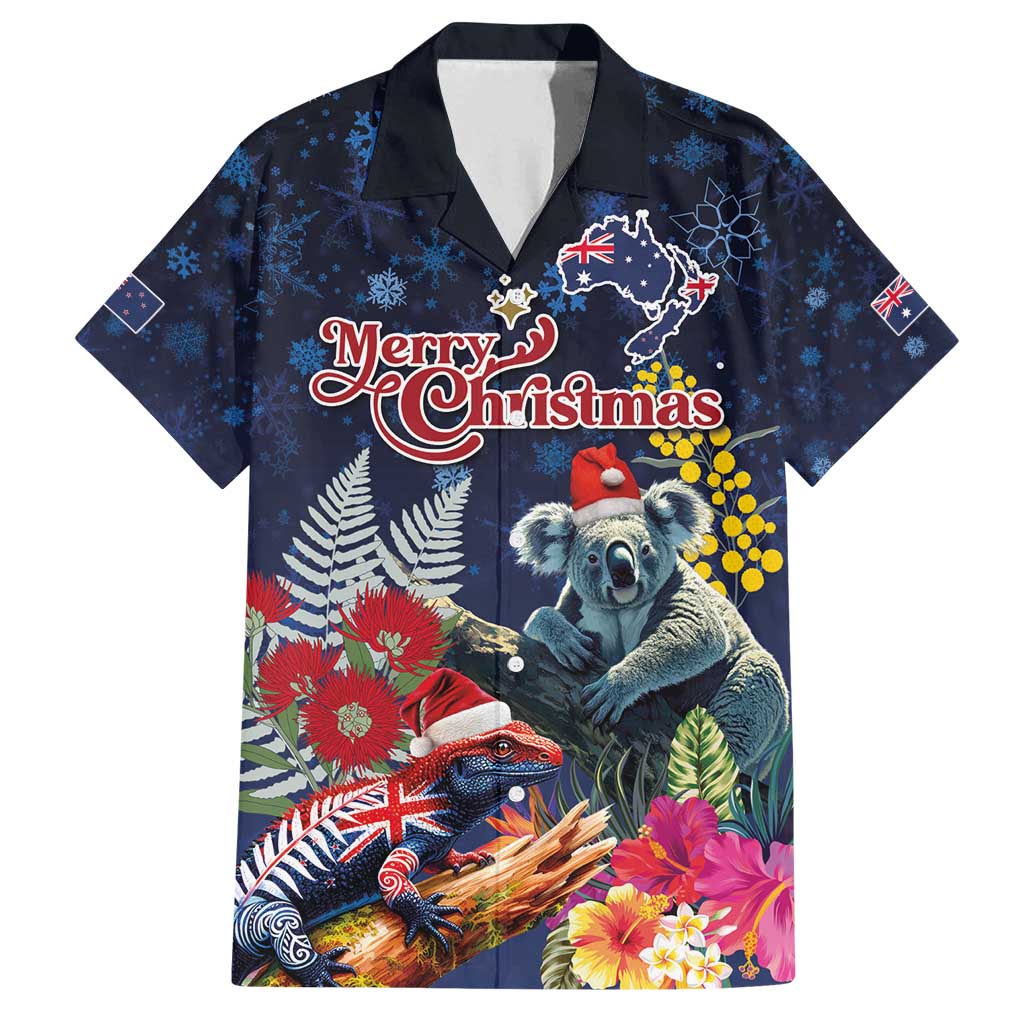 Australia and New Zealand Family Matching Long Sleeve Bodycon Dress and Hawaiian Shirt Merry Christmas-Tuatara and Koala with Plants Xmas Style LT03 Dad's Shirt - Short Sleeve Navy - Polynesian Pride