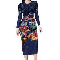 Australia and New Zealand Family Matching Long Sleeve Bodycon Dress and Hawaiian Shirt Merry Christmas-Tuatara and Koala with Plants Xmas Style LT03 Mom's Dress Navy - Polynesian Pride