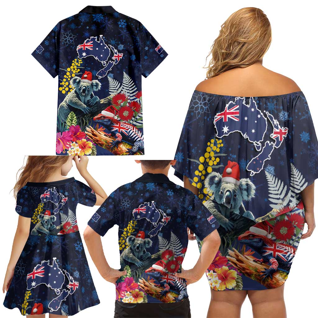 Australia and New Zealand Family Matching Off Shoulder Short Dress and Hawaiian Shirt Merry Christmas-Tuatara and Koala with Plants Xmas Style LT03 - Polynesian Pride