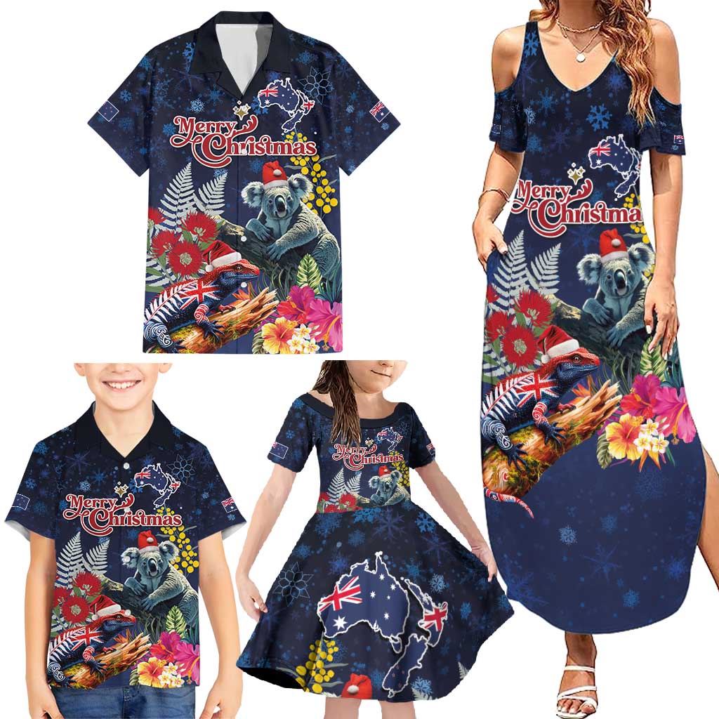 Australia and New Zealand Family Matching Summer Maxi Dress and Hawaiian Shirt Merry Christmas-Tuatara and Koala with Plants Xmas Style LT03 - Polynesian Pride