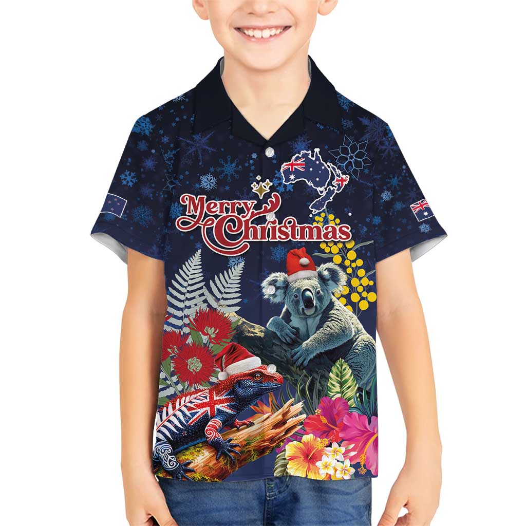 Australia and New Zealand Family Matching Summer Maxi Dress and Hawaiian Shirt Merry Christmas-Tuatara and Koala with Plants Xmas Style LT03 Son's Shirt Navy - Polynesian Pride