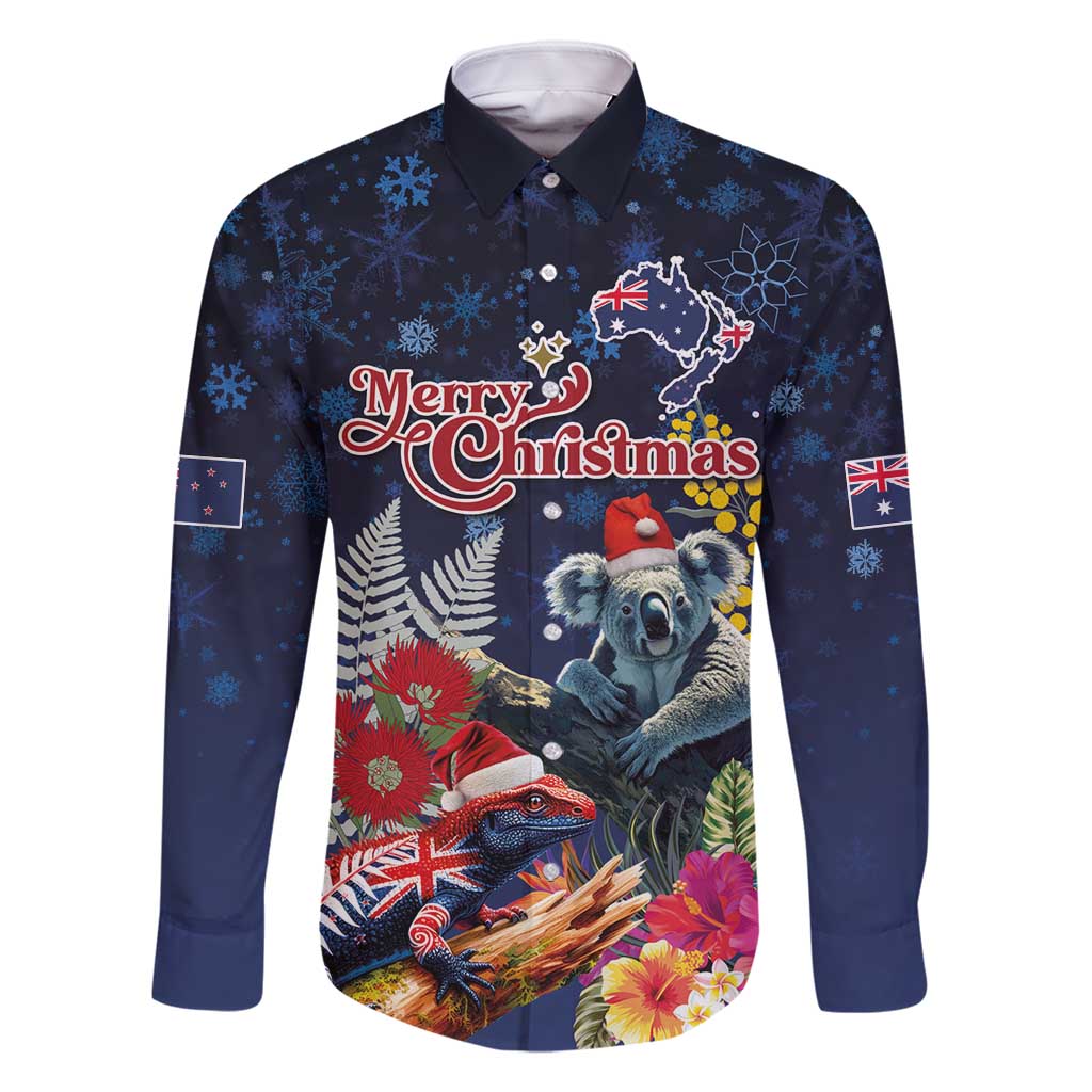 Australia and New Zealand Family Matching Tank Maxi Dress and Hawaiian Shirt Merry Christmas-Tuatara and Koala with Plants Xmas Style LT03 Dad's Shirt - Long Sleeve Navy - Polynesian Pride