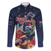 Australia and New Zealand Family Matching Tank Maxi Dress and Hawaiian Shirt Merry Christmas-Tuatara and Koala with Plants Xmas Style LT03 Dad's Shirt - Long Sleeve Navy - Polynesian Pride