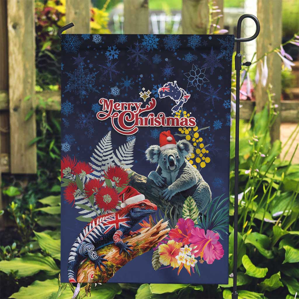 Australia and New Zealand Garden Flag Merry Christmas-Tuatara and Koala with Plants Xmas Style LT03 Garden Flag Navy - Polynesian Pride
