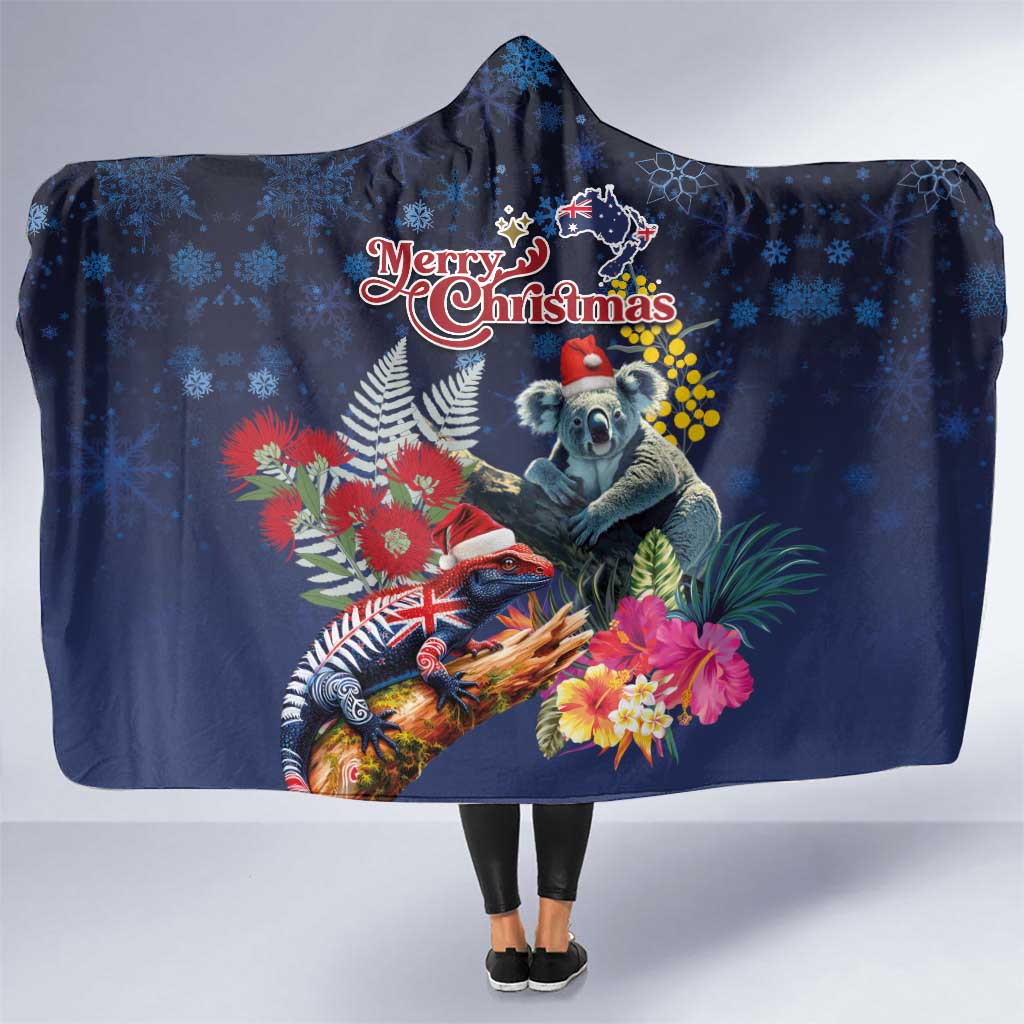 Australia and New Zealand Hooded Blanket Merry Christmas-Tuatara and Koala with Plants Xmas Style LT03 One Size Navy - Polynesian Pride