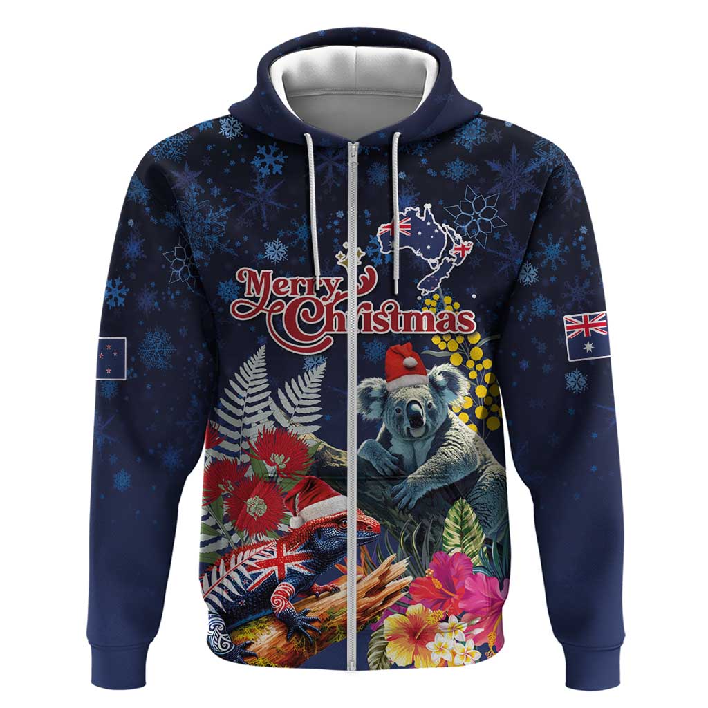 Australia and New Zealand Hoodie Merry Christmas-Tuatara and Koala with Plants Xmas Style LT03 Zip Hoodie Navy - Polynesian Pride