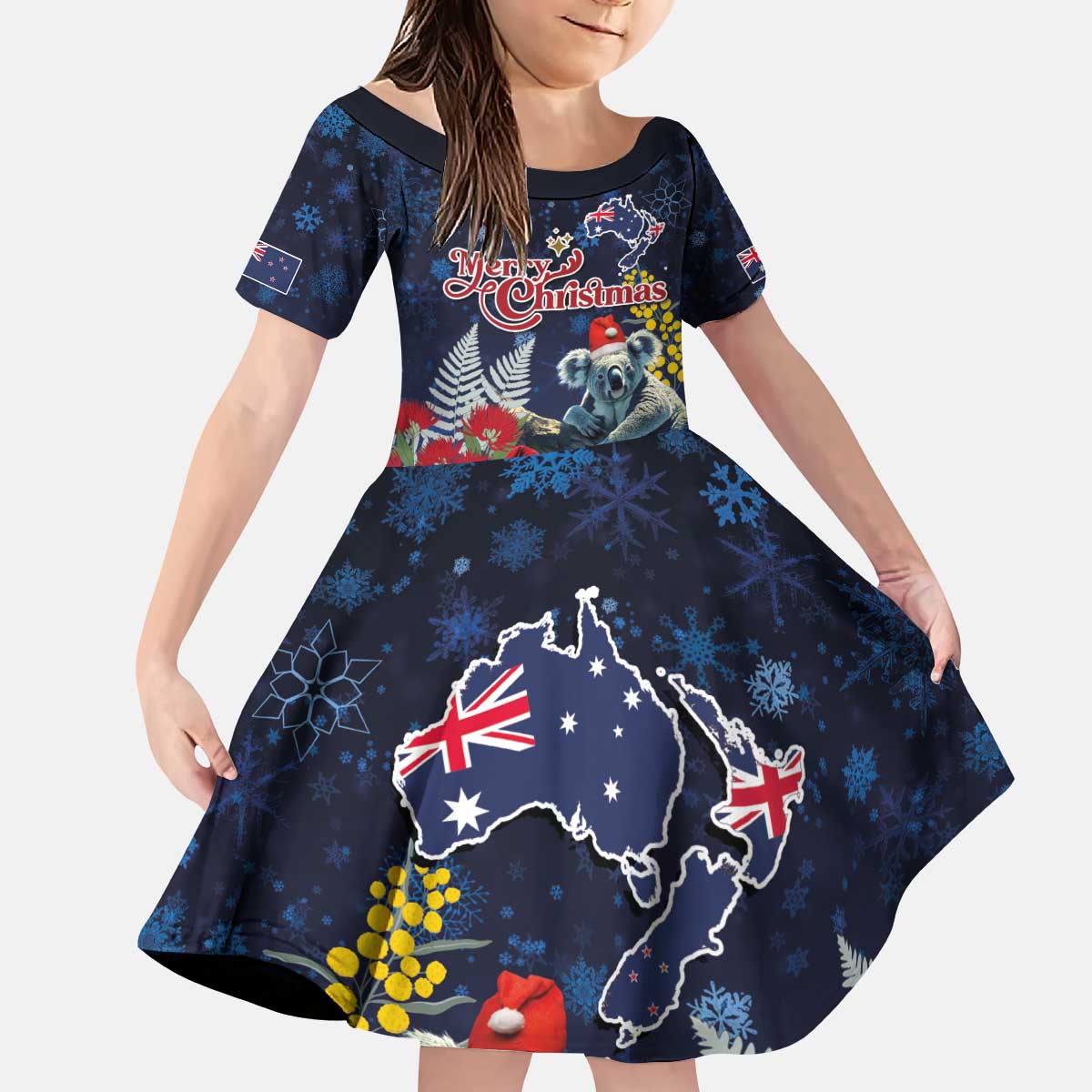Australia and New Zealand Kid Short Sleeve Dress Merry Christmas-Tuatara and Koala with Plants Xmas Style LT03 KID Navy - Polynesian Pride