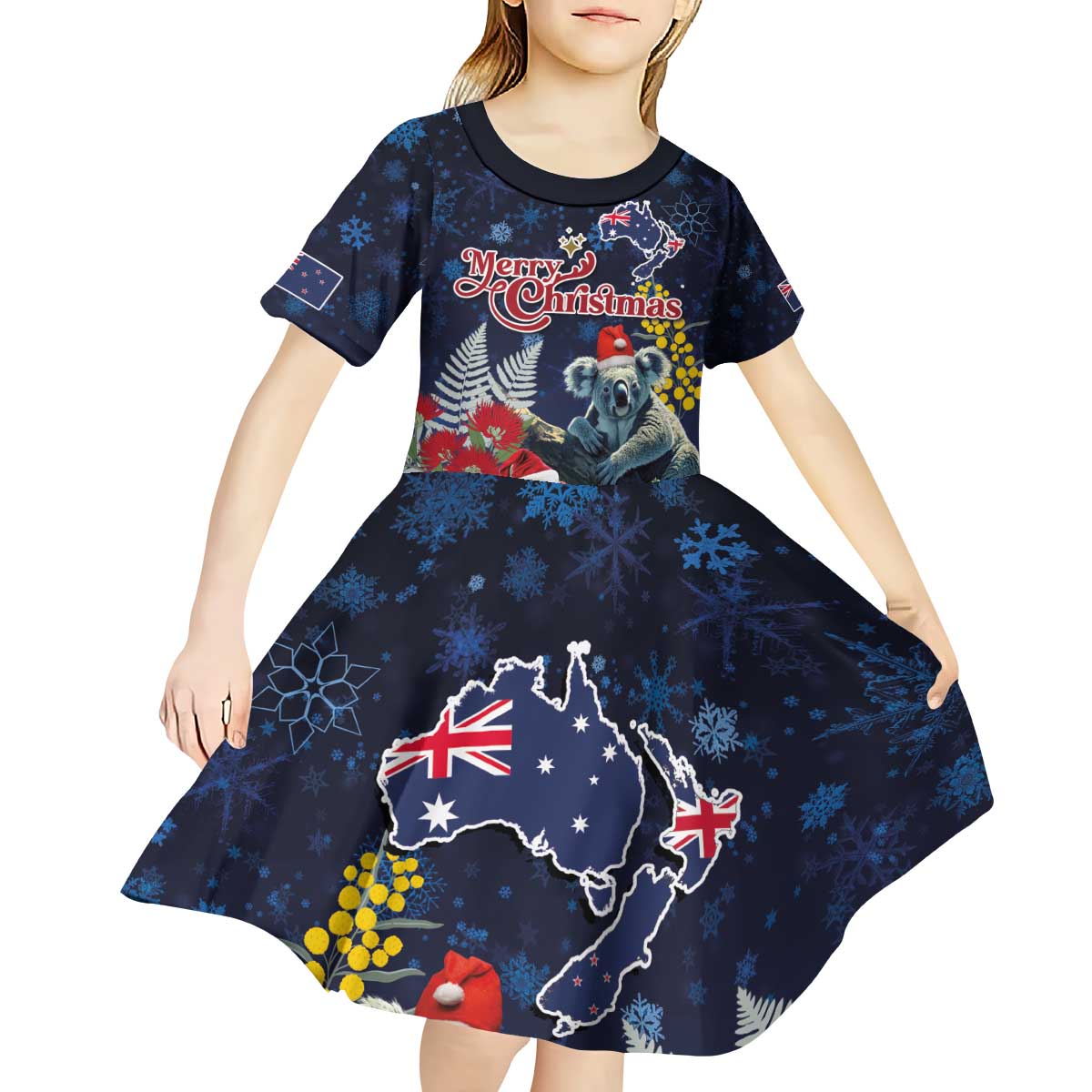 Australia and New Zealand Kid Short Sleeve Dress Merry Christmas-Tuatara and Koala with Plants Xmas Style LT03 - Polynesian Pride