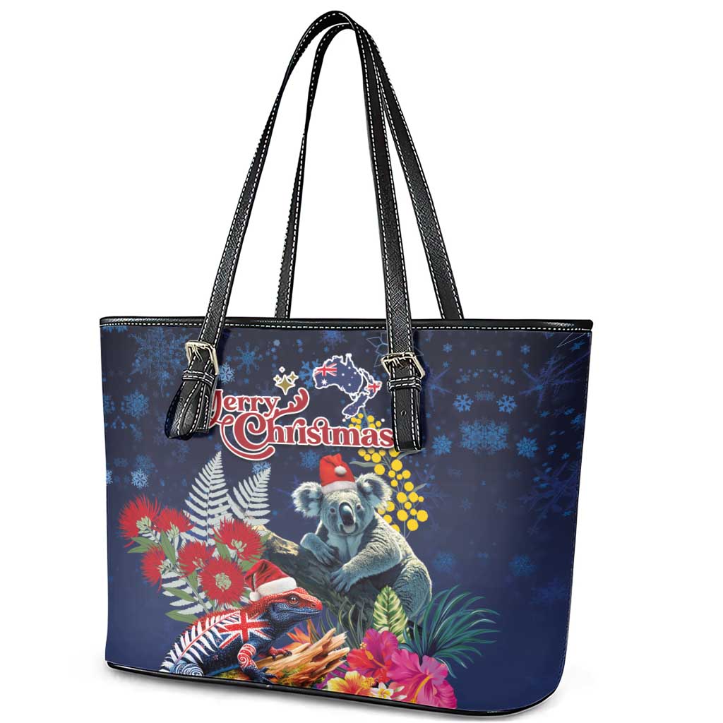 Australia and New Zealand Leather Tote Bag Merry Christmas-Tuatara and Koala with Plants Xmas Style LT03 - Polynesian Pride