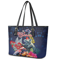 Australia and New Zealand Leather Tote Bag Merry Christmas-Tuatara and Koala with Plants Xmas Style LT03 - Polynesian Pride