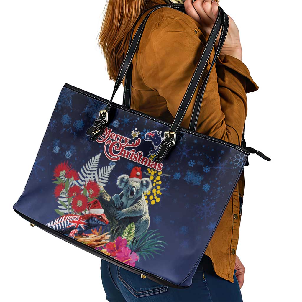 Australia and New Zealand Leather Tote Bag Merry Christmas-Tuatara and Koala with Plants Xmas Style LT03 - Polynesian Pride